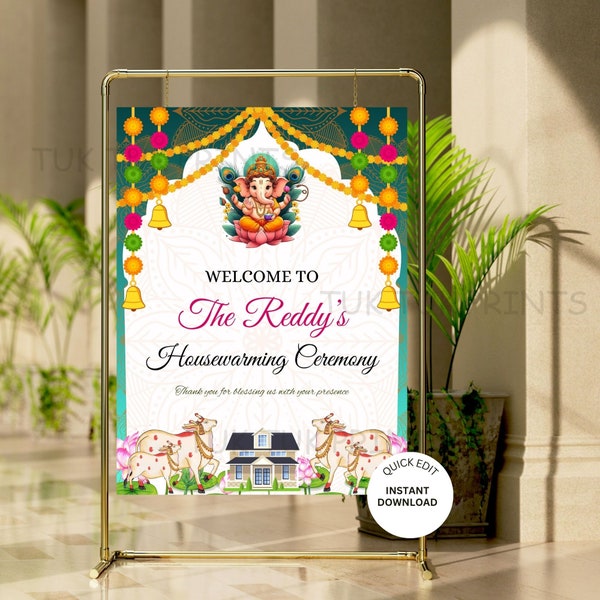 Self Editable Indian housewarming sign, Gruhapravesham Sign, Griha Pravesham Sign, housewarming Sign, Vastu Welcome sign, Ganesh puja sign