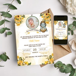 Invito alla prima cerimonia di alimentazione del riso, Annaprasan, invito all'alimentazione del riso indù, biglietto per la cerimonia dello svezzamento, invito Annaprashan, invito Pasni