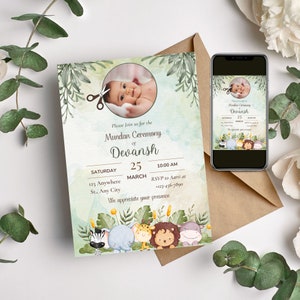 Könnte beinhalten: Eine grüne und blaue Einladung mit einem Aquarellhintergrund. Die Einladung ist für eine Mundan-Zeremonie für Devansh. Die Einladung enthält ein Foto eines kleinen Jungen, ein Datum, eine Uhrzeit und einen Ort. Die Einladung enthält auch eine niedliche Illustration von Tieren.