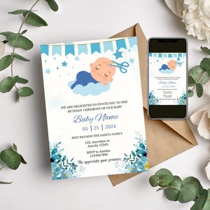 Könnte beinhalten: Eine blaue und weiße Babyparty-Einladung mit einem Cartoon-Baby, das auf einer Wolke schläft. Die Einladung enthält den Text "We are delighted to invite you to the Mundan Ceremony of our baby Baby Name 05 | 25 | 2024 Best Regards The Saheta Family 123, Anywhere st. Anycity 12345 RSVP to Amisha 1234567890 We appreciate your presence".