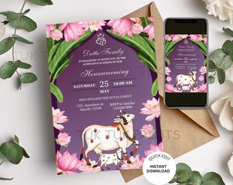 Pichwai Cow Housewarming Invitation: Indian Grihapravesh Pooja (Digital Download)