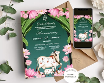 May include: An invitation to a housewarming party for the Dutta family. The invitation features a green background with pink lotus flowers and a white cow and calf. The text on the invitation reads "Dutta Family is delighted to invite you to the auspicious occasion of our Housewarming Saturday 25 August 10:00 AM Best Regards the Dutta Family 123, Anywhere st. Anycity 12345 RSVP to Amisha 1234567890"