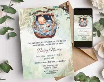 green florals new Baby Naming Ceremony Invite Template: Cradle invites (Digital)