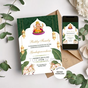 Invito modificabile per l'inaugurazione della casa indiana, invito Gruhapravesham, Inviti per l'inaugurazione della casa, Carta di invito Grihapravesh, Invito Vaastu pooja, Grah Shanti