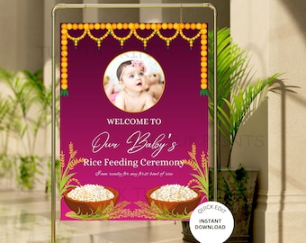 Placa de boas-vindas Annaprasan: pôster editável da cerimônia de alimentação de arroz (download digital)