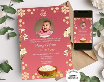 Invito digitale per la cerimonia dell&#39;alimentazione del riso, invito per Annaprasan, biglietto per la cerimonia dello svezzamento, invito per Annaprashan, inviti per Hindu Pasni