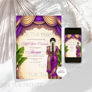 May include: An invitation for a Half Saree Ceremony, featuring a woman in a purple saree. The design includes gold and purple decorative elements, text, and a smartphone displaying the invitation. The text reads "Half Saree Ceremony of our daughter Ananya".