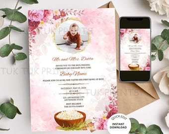 May include: A baby's rice feeding ceremony invitation with a pink floral design. The invitation includes a photo of the baby, event details, and the text "Baby Name". A smartphone displays the invitation. The words "Quick Edit" and "Instant Download" are also visible.