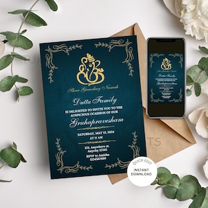 Invito modificabile Gruhapravesham, Inviti per l'inaugurazione della casa, Carta di invito Grihapravesh, Invito per l'inaugurazione della casa indiana, Invito Vaastu pooja, Invito ganesh fai da te