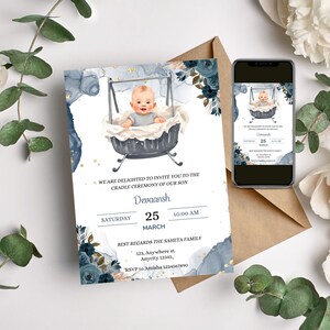 Baby Wiege Zeremonie einladen, Namenszeremonie lädt ein, Junge Wiege einladen Vorlage, Namenszeremonie digitale Vorlage