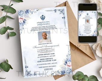 Invito funebre punjabi, invito funebre sikh, invito funebre indiano, servizio commemorativo, annuncio di morte Gurdwara, funerale digitale watsapp
