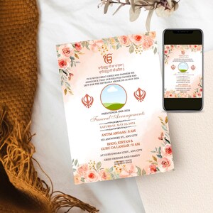 May include: A pink and white floral funeral announcement card with the text "Funeral Arrangements" and the name "Prem Singh 1969-2024". The card also includes the date and time of the funeral service, as well as the location of the gurudwara.