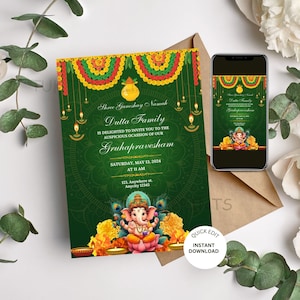 Invito indiano per l'inaugurazione della casa, invito Gruhapravesham, Inviti per l'inaugurazione della casa, carta di invito Grihapravesh, invito Vaastu pooja, Grah Shanti