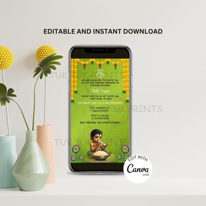 Inviti telefonici per la cerimonia di alimentazione del riso, invito digitale Annaprasan, scheda telefonica cerimonia di svezzamento, invito digitale Annaprashan, inviti Pasni