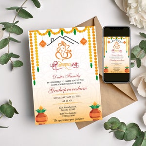 Gruhapravesham bewerkbare uitnodiging, housewarming uitnodigingen, Grihapravesh uitnodigingskaart, Indiase housewarming, Vaastu pooja uitnodiging, DIY ganesh uitnodiging