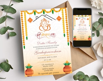 Gruhapravesham Editable invite, Housewarming Invites, Grihapravesh Invite card, Indian Housewarming, Vaastu pooja invite, DIY ganesh Invite