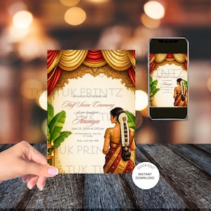 May include: An invitation for a Half Saree Ceremony, featuring a woman in traditional attire. The design includes a red and gold curtain backdrop, banana leaves, and the text "We invite you to join the Half Saree Ceremony of our daughter Ananya".