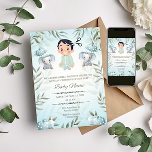 Könnte beinhalten: Babyparty-Einladung mit hellblauem Hintergrund und floralen Akzenten. Die Einladung zeigt ein Cartoon-Baby, Elefanten und den Text "We are delighted to invite you to the Mundan Ceremony of our baby". Ein Smartphone zeigt das gleiche Design.