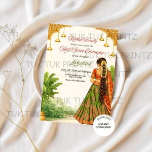 Puede incluir: Tarjeta de invitación para una ceremonia de medio sari. La tarjeta presenta una ilustración de una mujer con vestimenta tradicional india, con el texto "Reddy Family" y detalles del evento. El diseño incluye detalles dorados y un borde floral.