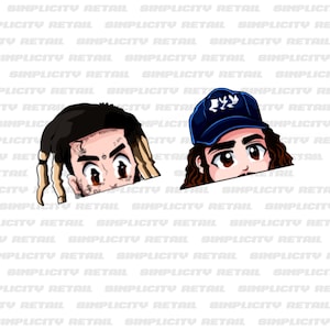 May include: Two cartoon illustrations of men's faces. The man on the left has black hair with blonde streaks, brown eyes, and tattoos on his face. The man on the right has brown hair, brown eyes, and is wearing a blue baseball cap with a white logo. Both men are looking to the right.
