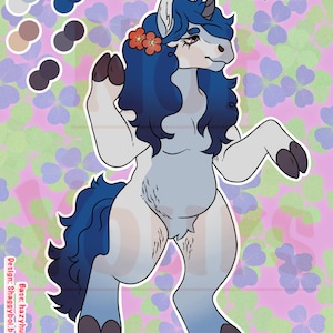 May include: A digital illustration of an anthropomorphic unicorn character with light gray fur, a dark blue mane and tail, and a single horn. The character wears two orange flowers in its hair. Text reads: * Flower can be any color. Base: hazyhund Design: Shaggyboi.bsky.social