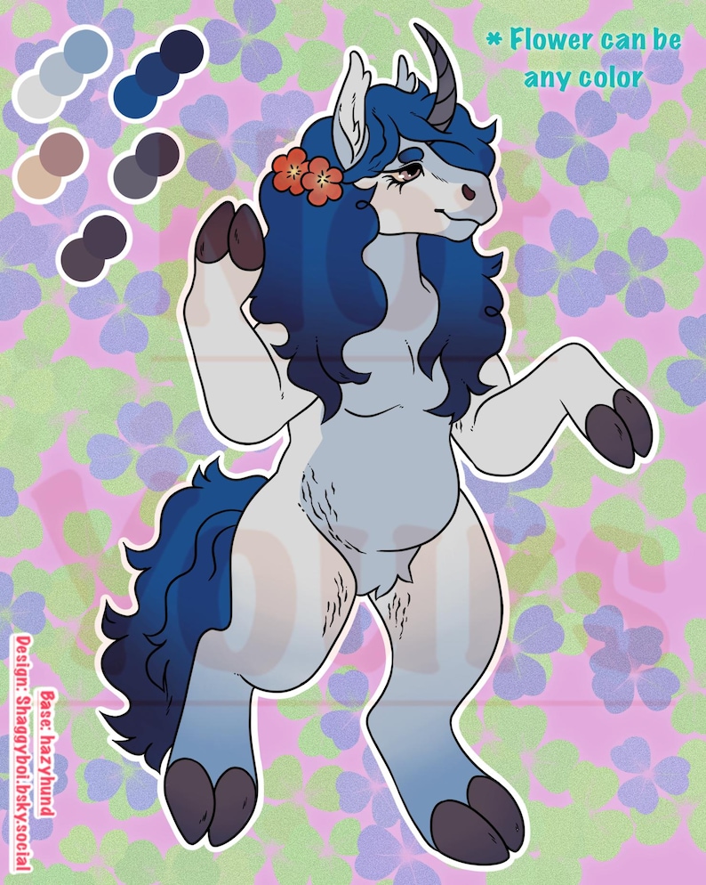 May include: A digital illustration of an anthropomorphic unicorn character with light gray fur, a dark blue mane and tail, and a single horn. The character wears two orange flowers in its hair. Text reads: * Flower can be any color. Base: hazyhund Design: Shaggyboi.bsky.social