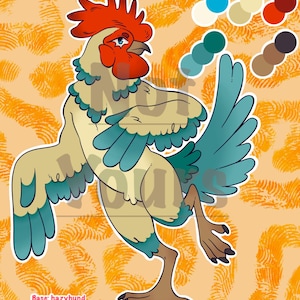 May include: A digital illustration of an anthropomorphic rooster with cream-colored feathers, teal wing tips, and a bright red comb. The character has blue eyes and brown legs. A color palette is displayed in the top right corner. Text reads: Base: hazyhund, Design: Shaggyboi.bsky.social.