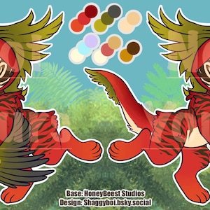 May include: A digital character reference sheet featuring a creature with red fur, tiger-like stripes, and feathered wings. The character is shown from two angles with a color palette chart above. Text at the bottom reads Base: HoneyBeest Studios, Design: Shaggyboi.bsky.social.