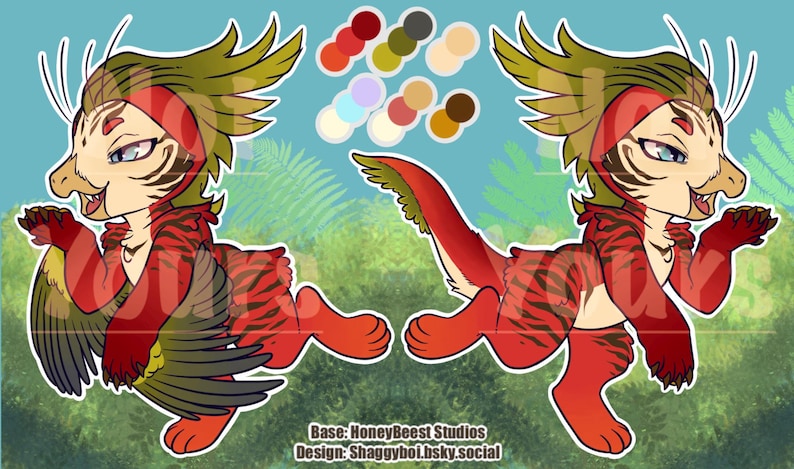 May include: A digital character reference sheet featuring a creature with red fur, tiger-like stripes, and feathered wings. The character is shown from two angles with a color palette chart above. Text at the bottom reads Base: HoneyBeest Studios, Design: Shaggyboi.bsky.social.