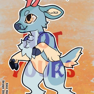 May include: A digital illustration of a light blue deer-like creature with large dark eyes, pinkish antlers, and cream-colored fur patches on the chest and limbs. The character has dark hooves and stands against an orange background with the text NOT YOURS.