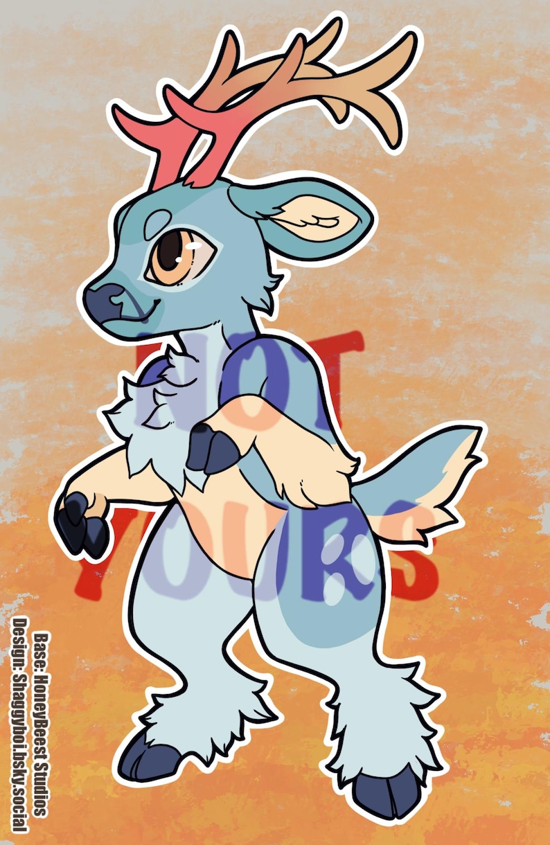 May include: A digital illustration of a light blue deer-like creature with large dark eyes, pinkish antlers, and cream-colored fur patches on the chest and limbs. The character has dark hooves and stands against an orange background with the text NOT YOURS.