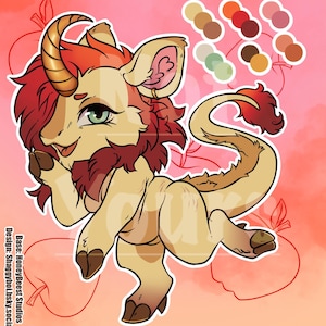May include: A digital illustration of a cream-colored creature with a single golden horn, red mane, and tail tuft. The character has green eyes, hooves, and a playful expression. A color palette swatch and apple outlines are visible.