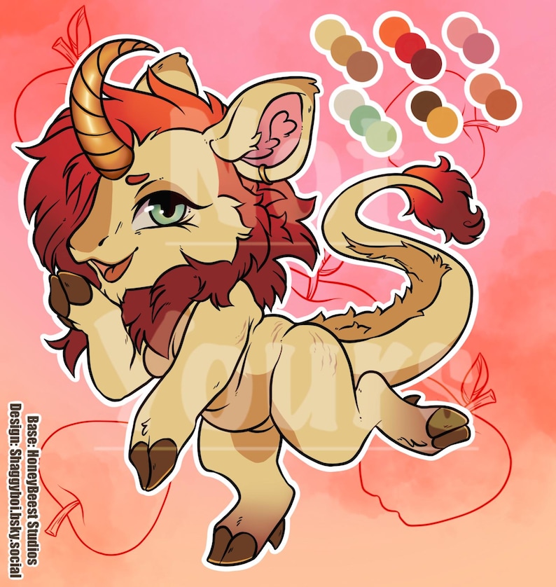 May include: A digital illustration of a cream-colored creature with a single golden horn, red mane, and tail tuft. The character has green eyes, hooves, and a playful expression. A color palette swatch and apple outlines are visible.