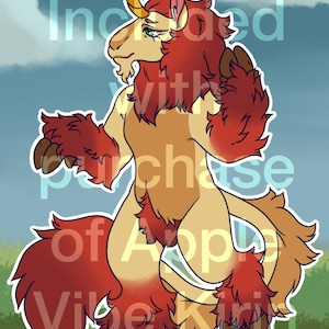 May include: A digital illustration of a mythical creature with tan fur, a red mane, and a single yellow horn. The creature has hooves, a goat-like face, and a long tail. Text overlay reads: Included with purchase of Apple Vibe Kirin. Base: hazyhund Design: Shaggyboi.bsky.social.