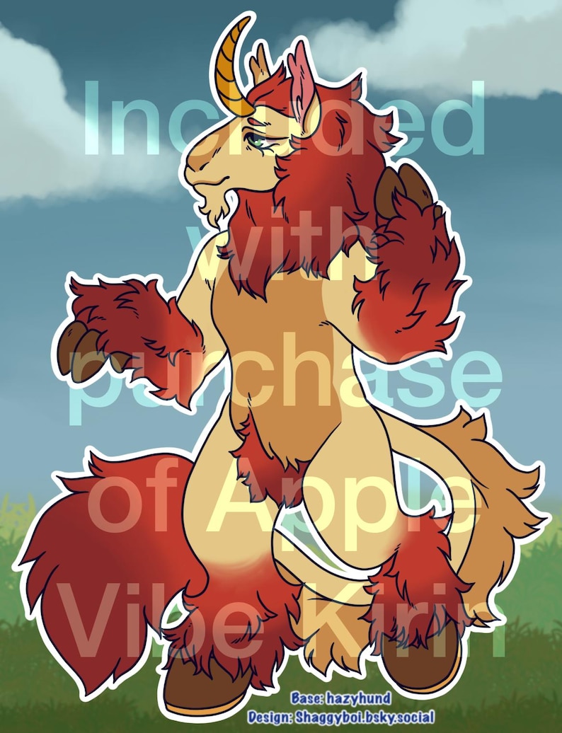 May include: A digital illustration of a mythical creature with tan fur, a red mane, and a single yellow horn. The creature has hooves, a goat-like face, and a long tail. Text overlay reads: Included with purchase of Apple Vibe Kirin. Base: hazyhund Design: Shaggyboi.bsky.social.