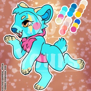 May include: A digital illustration of a cyan anthropomorphic creature with pink chest fur, large brown eyes, and small horns. The character has a yellow lightning bolt marking on its face and a color palette chart in the upper right corner.