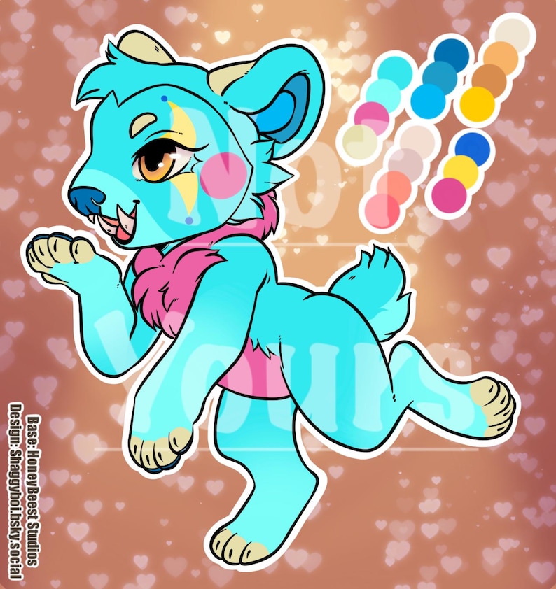 May include: A digital illustration of a cyan anthropomorphic creature with pink chest fur, large brown eyes, and small horns. The character has a yellow lightning bolt marking on its face and a color palette chart in the upper right corner.