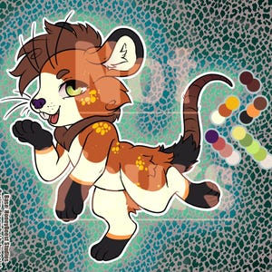 May include: A digital illustration of a fictional creature with brown, cream, and black fur, featuring yellow spots, a long tail, and green eyes. The character is posed dynamically with one paw raised. A color palette is displayed to the right.