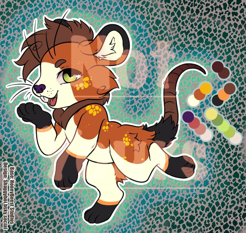 May include: A digital illustration of a fictional creature with brown, cream, and black fur, featuring yellow spots, a long tail, and green eyes. The character is posed dynamically with one paw raised. A color palette is displayed to the right.