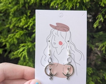 Silver Cat Crescent Moon Dangle Earrings