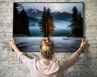 Misty Forest Fog Print, Horizontal Mountain Tree Wall Art (Digital Download)