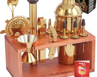 Voila Artisan 20 pcs Premium Mixology Barman Shaker À Cocktail Complet Avec Élégant Support En Bois D'acajou - Doré