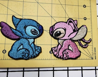Pink and Blue Cartoon Aliens Embroidery Sew-On Patch 2 Piece Set stitch and angel