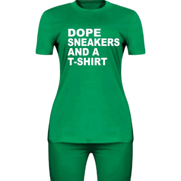 Dope Sneakers and a Tshirt Biker Short Set 2pc Sets, Custom Sets, Short Sets With Saying, Green Outfit, Summer Sets,