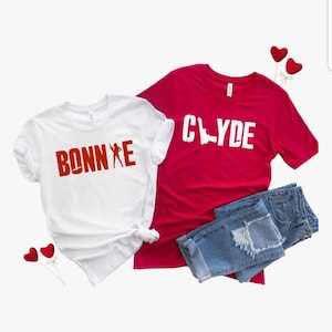Camisas Bonnie e Clyde, camisetas combinando para casais, roupas coordenadas para casais, camiseta Bonnie, camiseta Clyde, tops Bonnie personalizados