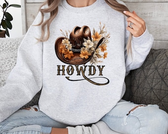 Western Themed Sweatshirt, Howdy Cowgirls Sweatshirts, Country Girl Shirt, Rodeo Gear, Cowgirl Sweatshirt with Hat, Gift for Cowgirl