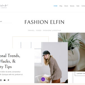 Könnte beinhalten: Eine Website-Startseite für einen Mode- und Lifestyle-Blog namens "Fashion Elfin". Die Website zeigt einen Blogbeitrag mit dem Titel "Saisonale Trends, Life Hacks & Beauty Tips" mit einem Foto einer Frau, die einen braunen Pullover und einen schwarzen Hut trägt. Die Website zeigt auch ein Foto einer Topfpflanze auf einem Holztablett.