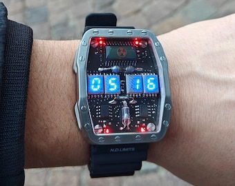 Titanium wrist watch blue led, handmade, Made in Italy