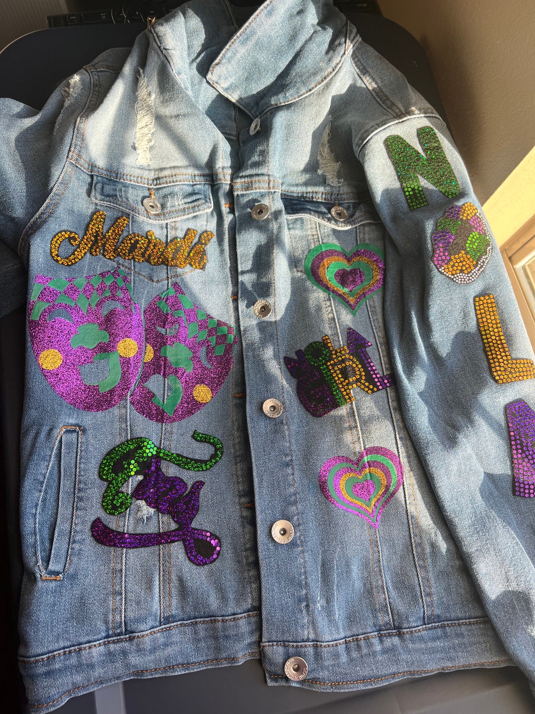 mardi gras fringe jean jacket