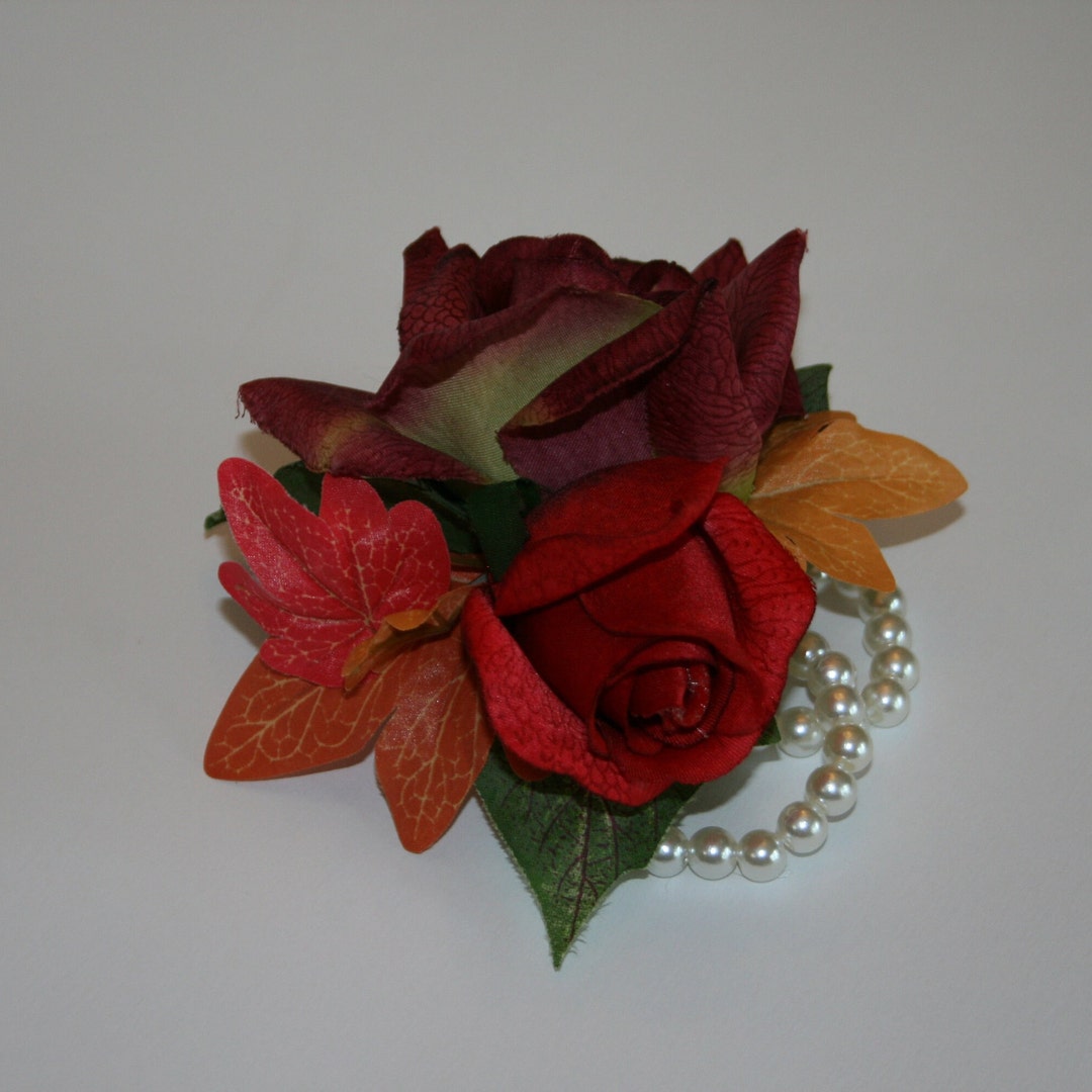 SET of 4 Realistic Autumn Fall Colors Rose Wrist Corsages in Red